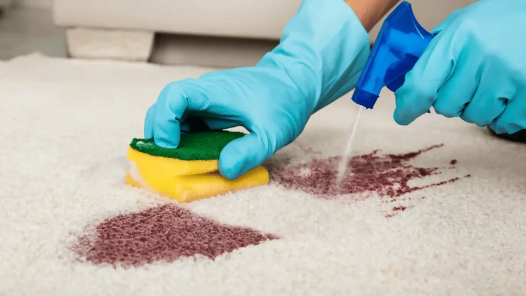 Gloved hand cleaning a kitchen surface